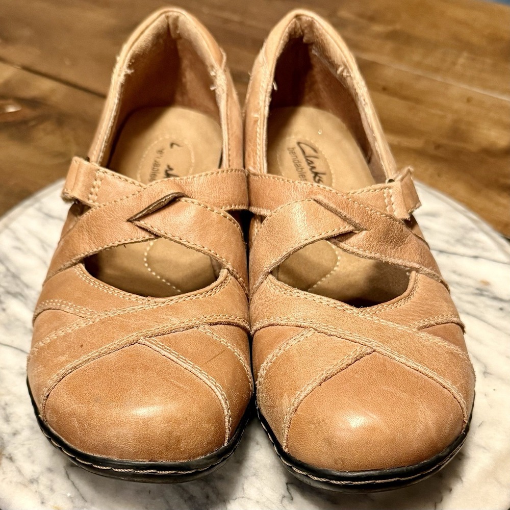 Clarks Bendables Ashland Comfort 2 Strap Mary Jane Tan Leather Shoes Women Sz 8 - Picture 2 of 5